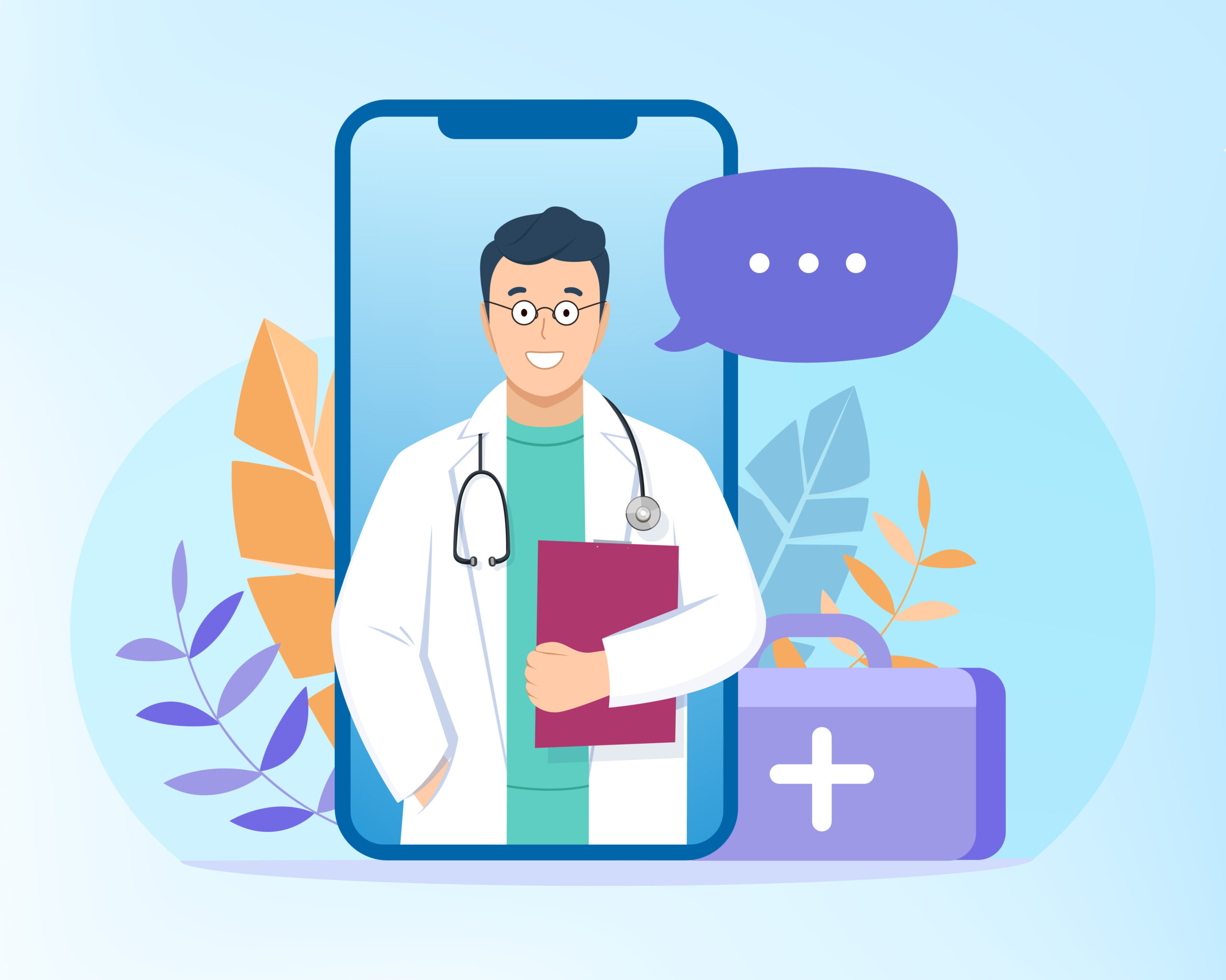 Online doctor consultation, diagnostics, advice or support of patient over the internet, video call on mobile phone. Flat design concept healthcare application for website. Medical health service.